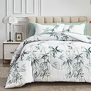 6 Pieces Bed in a Bag Twin Comforter Set with Sheets, Green Leaves on White Botanical Design Bedding Sets for Kids (1 Comforter, 2 Pillow Shams, 1 Flat Sheet, 1 Fitted Sheet, 1 Pillowcases)