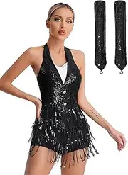 [FEESHOW] Women's Sequins Latin Dance Outfits Tassel Fringed Tango Salsa Dance Leotard with Gloves