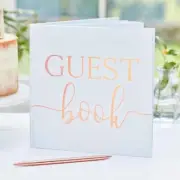 WEDDING GUEST BOOK wishes signature Polaroid photos white gold text blank pages