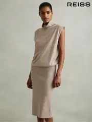Reiss Neutral Hester Petite Knitted Wool-Cashmere Blouson Top Midi Dress (AA3642) | $395