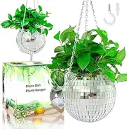 ORIKASO Disco Ball Planter 8", Mirror Disco Ball Hanging Planters for Indoor Outdoor Plants with Chain, Macrame Rope, Wooden Stand, Plant Hanger, Flower Pots, Plant Pots for Garden Home Porch Decor