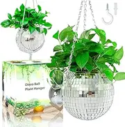 ORIKASO Disco Ball Planter 8", Mirror Disco Ball Hanging Planters for Indoor Outdoor Plants with Chain, Macrame Rope, Wooden Stand, Plant Hanger, Flower Pots, Plant Pots for Garden Home Porch Decor