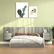 Sonoma Grey Wood Bed Headboard with Integrated Storage Cabinets, Wall-Mounted Design for Bedroom Organization