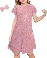 [LQSZ] Girls Sequin Dresses with Hairbow Flutter Sleeve Sparkly Fancy Party Prom Dress for Girls 3-12 Years, Pink, 9-10 Years