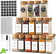 OAIGE.W 24pcs Glass Spice Jars With Bamboo Lids, Square Seasoning Containers Spices Organizer Small Items Storage, With Preprinted Spice Label, Funnel, Shaker, Mark Pen,Brush, 120ml/4oz.