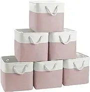 FinishingBo Large Cube Storage Baskets with Cotton Handles for Closet, Shelves, Clothes, Toys, Towel (White/Pink-6 Pack)