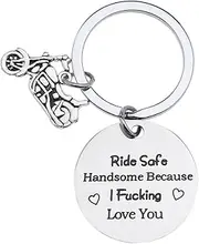[EMSea] Keychain "Ride Safe Handsome Because I Love You" Stainless Steel Keyring Motorbike Bike Keychian Express Your Love for Boyfriend Father Husband Drivers
