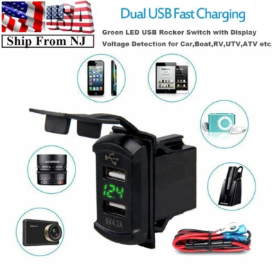 Car Charger 12V 24V Dual USB Socket Green LED Voltage Voltmeter Rocker Switch (for: Porsche)