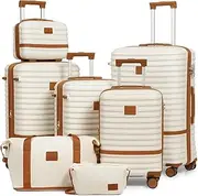[Joyway] Luggage Set 3 Piece Suitcase Sets, Expandable Carry on Luggage with Spinner Wheel, Hard Shell Luggage Set with TSA Lock, White brown, 7 piece set (18/20/24/28inch), Expandble Luggage