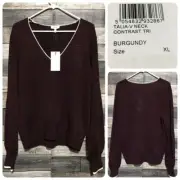 Reiss Talia V Neck Sweater Women’s XL Burgundy Heavyweight Viscose Blend
