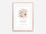 A4 Floral Birth Announcement, Newborn Birth Stats, Nursery Wall Print, Baby Gift