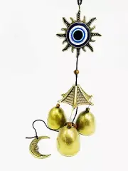 Yard Decor Wind Chime Evil Eyes Sun Design w/ Brass Bells Hanging Moon Ornament