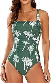 [YIMISAN] Women's One Piece Swimsuit Square Neck Sporty Ruched Slimming Monokini High Cut Tummy Control Bathing Suit