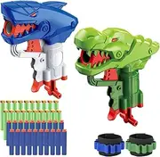 2 Pack Dinosaur Shark Mini Blaster Guns Set for Nerf Game, Small Toy Guns for Boys, 40 Refill Foam Darts 2 Wristbands, Birthday Party Favors for Kids
