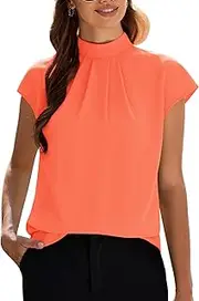 [Funlingo] Womens Summer Tops Mock Neck Short Cap Sleeve Blouses Business Casual Work Chiffon Shirts Front Pleated Tunic Top