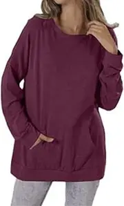 [Aosufei] Womens Tunic Tops Casual Long Sleeve Round Neck Stretchy Blouses Loose Fit Sweatshirt Pullover Shirts With Pockets