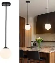 Black Globe Pendant Light 15cm Frosted Glass Shade Adjustable Mid-Century Modern Pendant Lighting for Kitchen Island Dining Room Bedroom Hallway