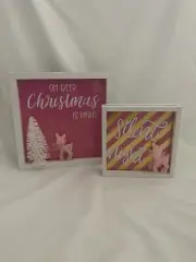 Handmade Framed Christmas Wall Or Shelf Art Pink With Deer Silent Night