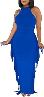 [Euulin] 2 Piece Outfits for Women Sexy Halter Neck Sleeveless Crop Tops Ruched Bodycon Dresses Jumpsuits Fringe Skirt Sets