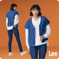 在飛比找momo購物網優惠-【Lee 官方旗艦】女裝 牛仔外套 短袖抽鬚V領 外搭 中藍