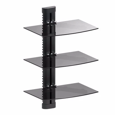 3 TIER TRIPLE GLASS SHELF WALL MOUNT TV CABLE BOX COMPONENT DVR DVD BRACKET