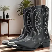 Men's Black Leather Western Boots with Silver Toe Cap and Decorative Stitching – Stylish Cowboy Boots for Rodeos, Country Events Casual Wear