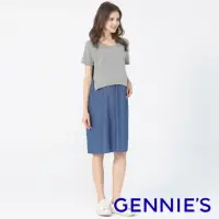 在飛比找momo購物網優惠-【Gennies 奇妮】日系拼接牛仔哺乳洋裝-藍(哺乳衣 短