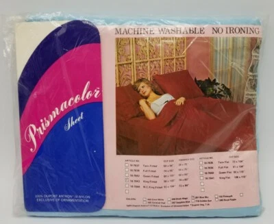 Vintage PRISMACOLOR King Size Fitted Bed Sheet (Blue Sky) Dupont Antron III NOS