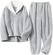 [Faleave] Womens Winter Fluffy Pajamas Set Warm Fleece Pants Pullover Plush Sleepwear