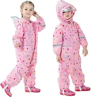 [YIQAUMA] Boys Girls Toddler Rainsuit Kids Waterproof Coverall Cartoon Rain Suit One Piece Rain Coat, Pink, 1-2 Years