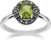 [Gemondo] Women Sterling Silver Oval Peridot and Marcasite Cluster Ring Size: L