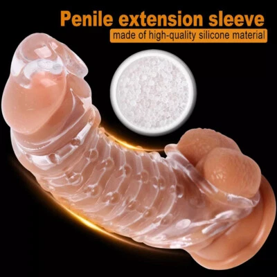 Male CLEAR Reusable Condom Penis Extender Enlarger Sleeve Bigger Girth Enhancer