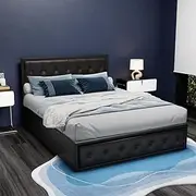 [Artiss] Queen Bed Frame Platform Tufted Headboard Frames Gas Lift Beds Base with Storage Space Bedroom Room Decor Home Furniture, Upholstered with Black PVC Leather + Foam + Wood