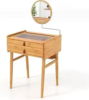 Giantex Makeup Vanity Table with Mirror, Bamboo Dressing Table w/ 2 Storage Drawers, Home Small Make-up Table Vanity Desk, Tempered Glass Table top Compact Makeup Desk Storage for Bedroom Living Room