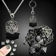 HAOMEJA Mini DND Dice Metal 7pcs Set Tiny Small Polyhedral D&D Dice Set with Hollow D20 Necklace & Keychain Portable & Dragon Eye Bag Apply to Dungeons and Dragons Dice (Black & Mini Iron)