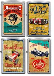 Zippo Old School 1940's Race Club 4 Lighter Set Vintage Poster Street Chrome NEW