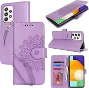 [Cavor] Wallet Case for Samsung Galaxy A52 5G 6.5'' PU Leather Case Magnetic 3D Embossed Flower Women Flip Kickstand with Card Holder Wristlet Hand Strap Protective Cover-Flower Purple