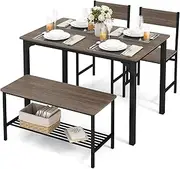 Giantex 4-Piece Dining Table & Chair Set, Industrial Gathering Table Set W/ 2 Chairs & 1 Bench, Space-Saving Kitchen Set W/Metal Frame & Storage Rack, Modern Functional Desk Set (Grey)
