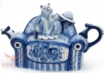 Porcelain Gzhel teapot coffee server cats on a sofa handmade Гжель