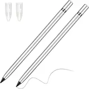Chinco Everlasting Pen Erasable Pencil Metallic Inkless Metal Pen Back to School First Day No Ink Aluminum Pen with Latent Eraser for Kids Adult Writing Drawing Drafting Office, 2 Pieces(Silver)