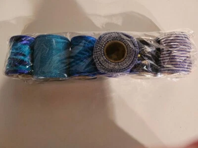Wrapping 6 Rolls pack wired edge ribbon Blue Purple Silver Christmas Birthday