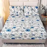 [SDIII] 4PCS Blue Floral Sheets Set King, Soft Microfiber Floral Sheets King, Wrinkle and Fade Resistant, Botanical Vintage Blue Flower Bed Sheet Set