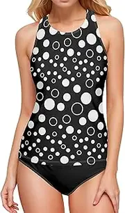[Joitme] Halloween Pumpkins Night Swim Tops for Women, Small Plus Size Swim Top Tummy Control, Bathing Suit Top No Bottom, Black White Polka Dots, Medium