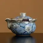 200ml Handmade Blue White Flower Gilt Silver Hand Pot Tea Cup Tea Set Kettle