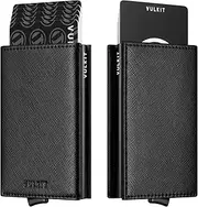 [VULKIT] Credit Card Holder with Banknote Compartment RFID Blocking Pop up Leather Card Wallet with ID Window for Men or Women(Cross Black)