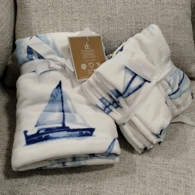 Deborah Connelly 6 pc HAND TOWELS WASHCLOTHS SAIL BOAT NAUTICAL Blue White NEW