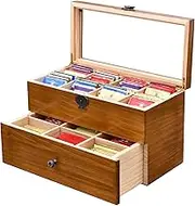 WELLAND Large Capacity Vintage Wood Tea Bag Box, Tea Storage Chests with Clear Lid & 2-Layer 14 Compartments