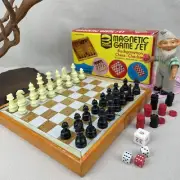 3-in-One Magnetic Game Set Travel Board Vintage 1970s Folding Chess Backgammon