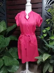 Country Road S Shirt Dress Red Belt Pockets Tab Sleeves Cotton A21