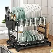2-Tier Dish Drying Rack for Kitchen Counter,Large Capacity Kitchen Dish Drainer Organizer with Drainboard,Space-Saving Kitchen Dish Organizer Rack with Utensil Holder (Black)